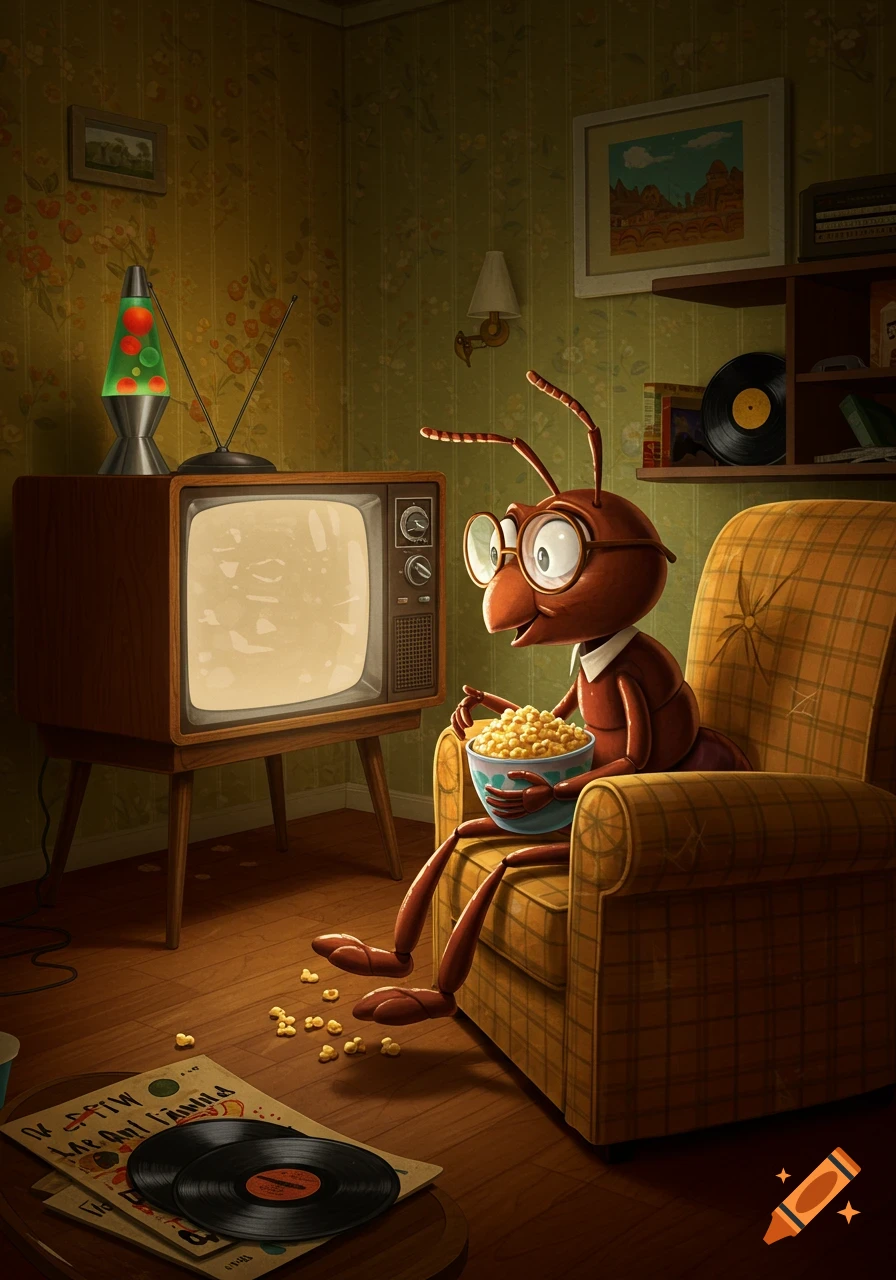 A cartoon ant wearing glasses sits in an armchair, eating popcorn and watching a retro TV in a cozy living room.