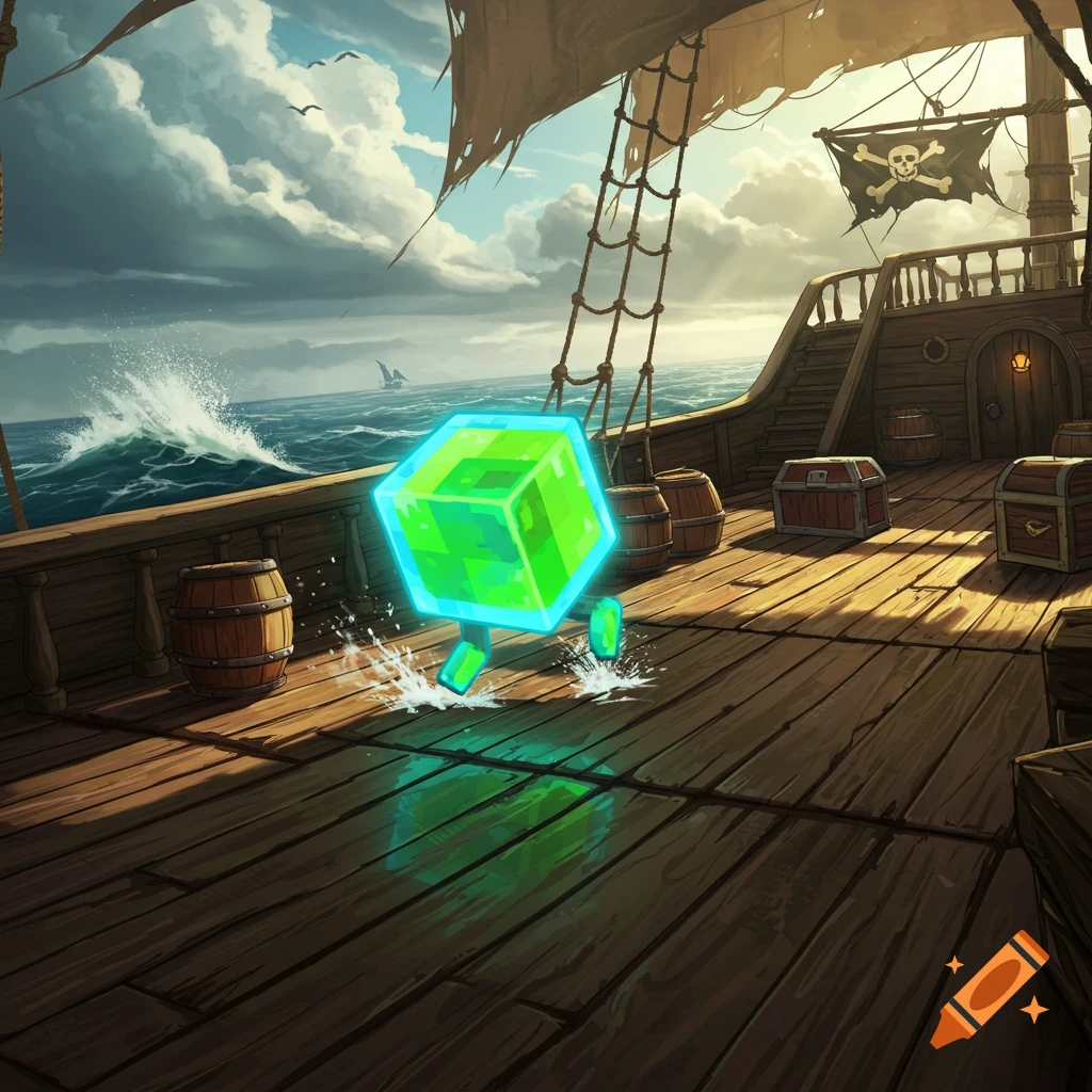 A glowing green geometric cube hovers over the wooden deck of a pirate ship sailing on a rough ocean under a cloudy sky.