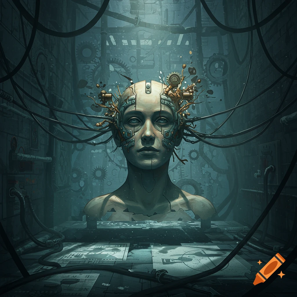 A detailed, dark science fiction digital art piece showing a cyborg bust with wires and mechanical parts, set against an industrial background.