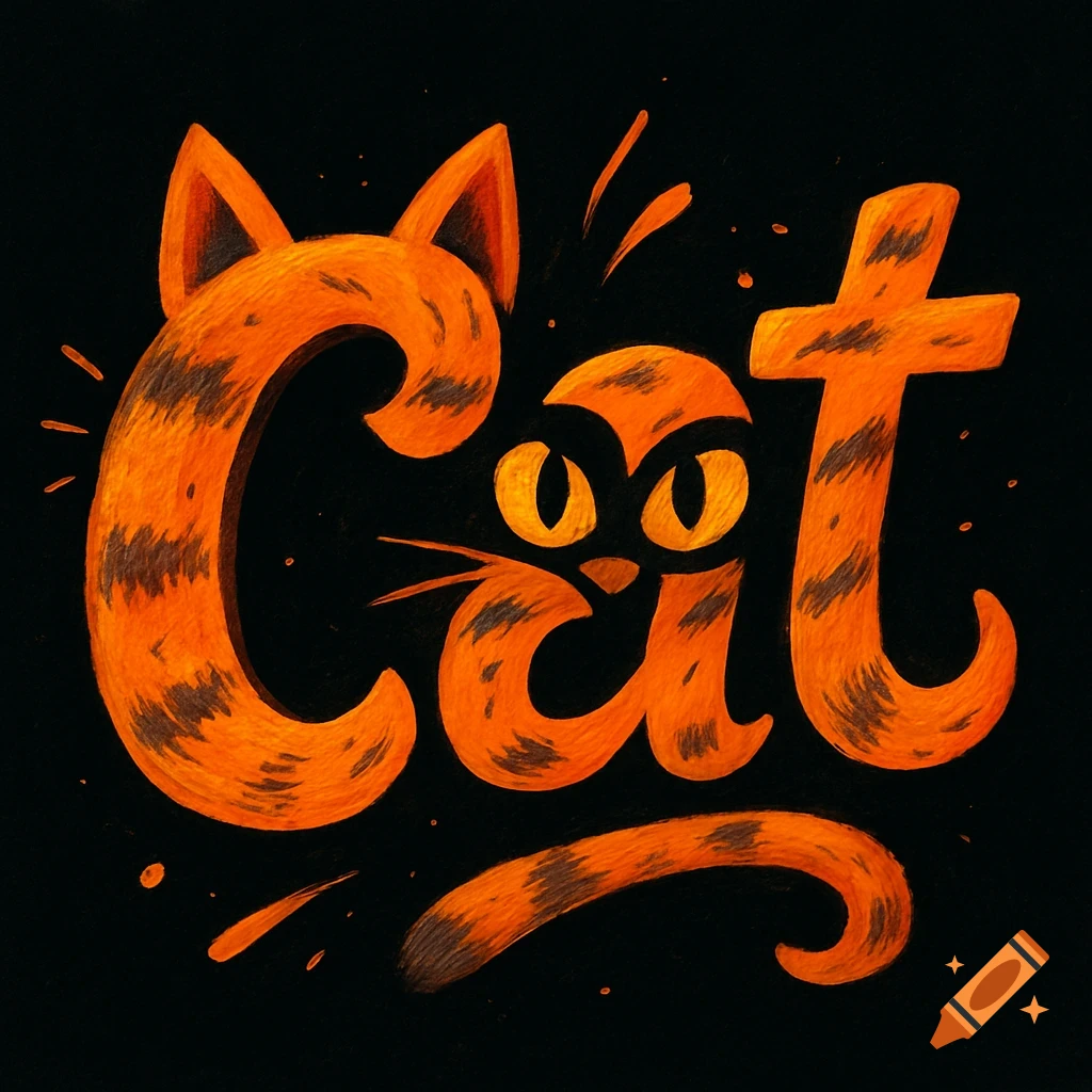 The word 'Cat' rendered in an orange, furry, tiger-striped style with cat ears, eyes, and whiskers, and a tail at the bottom.