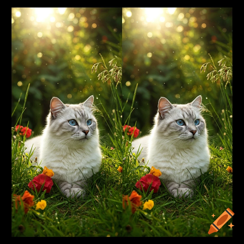 Two identical grey and white cats with blue eyes lie in bright green grass with red and yellow flowers, bathed in sunlight.
