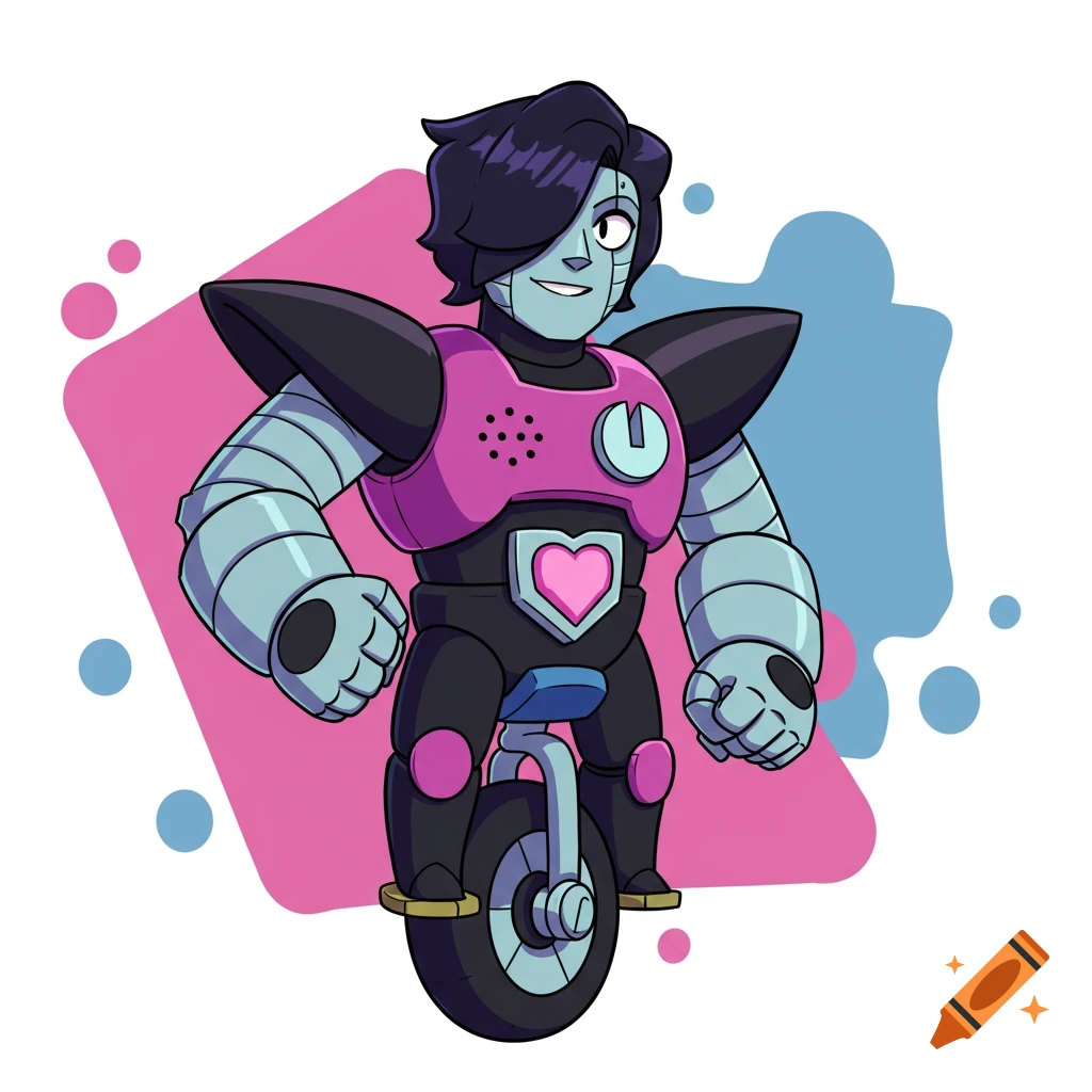 A stylized cartoon robot character, a fusion of Stu and Mettaton, with a unicycle wheel instead of legs, on a pink and blue background.