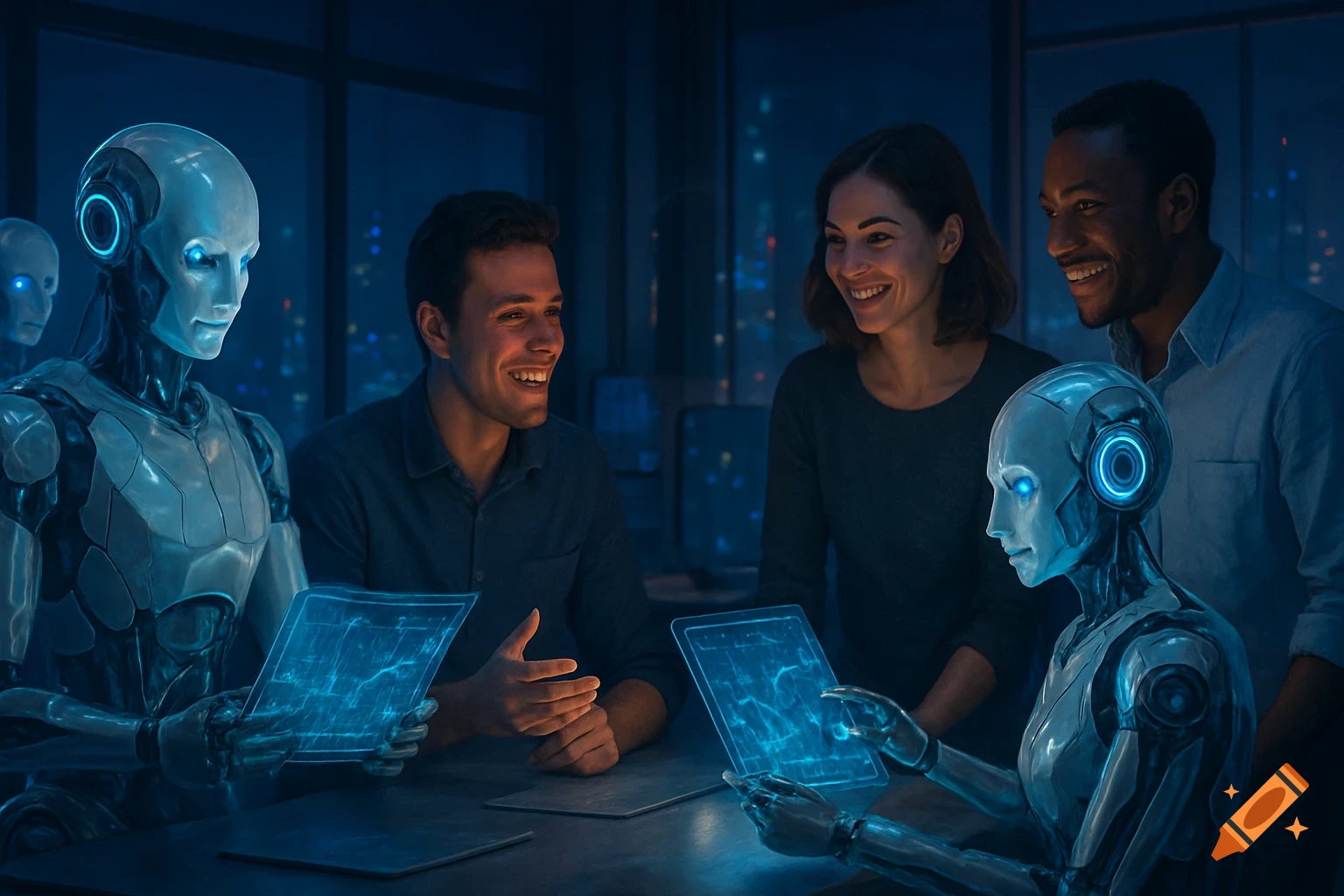 Two humans and two robots collaborating at a table with holographic screens in a modern, futuristic office setting.