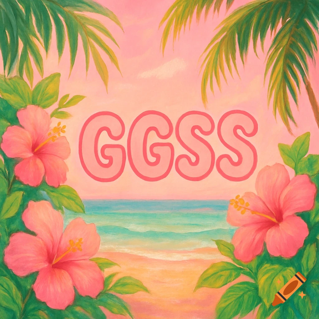 A painting of a tropical beach scene with pink hibiscus flowers and palm trees framing the letters GGSS in the center.