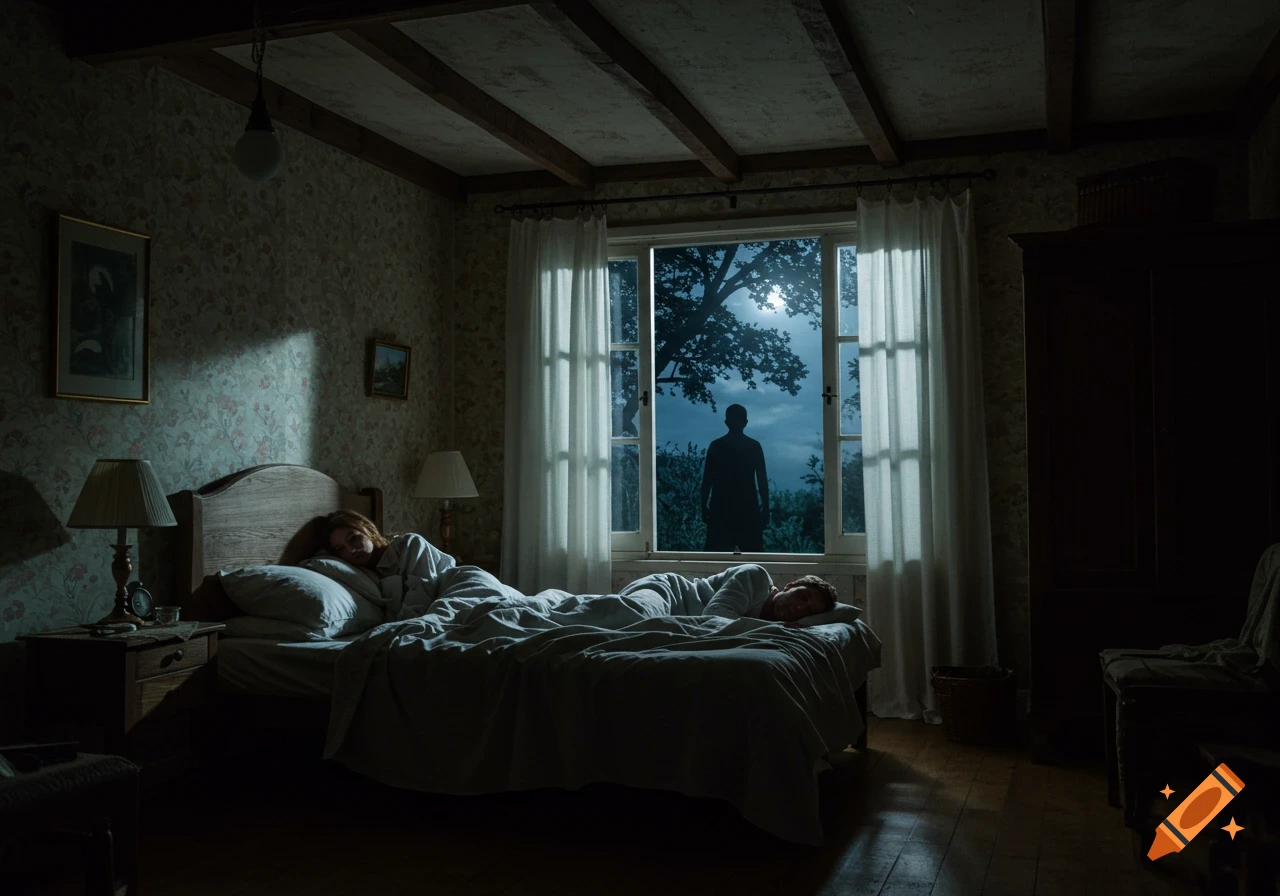 A dimly lit bedroom at night with two people in bed, one awake, and a shadowy figure standing outside the window under the moonlight.