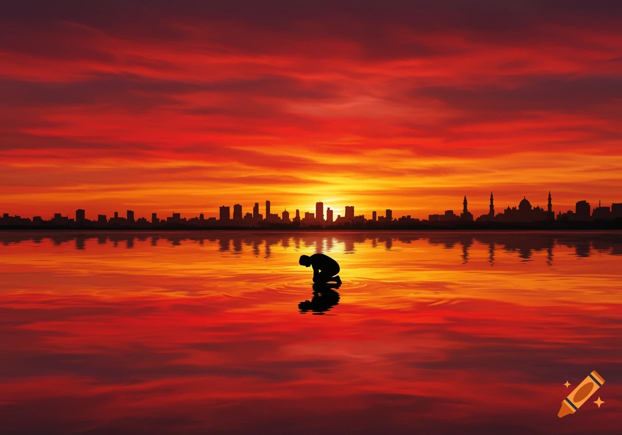 A silhouette of a person performing sajdah in water against a vibrant red and orange sunset and a distant city skyline.