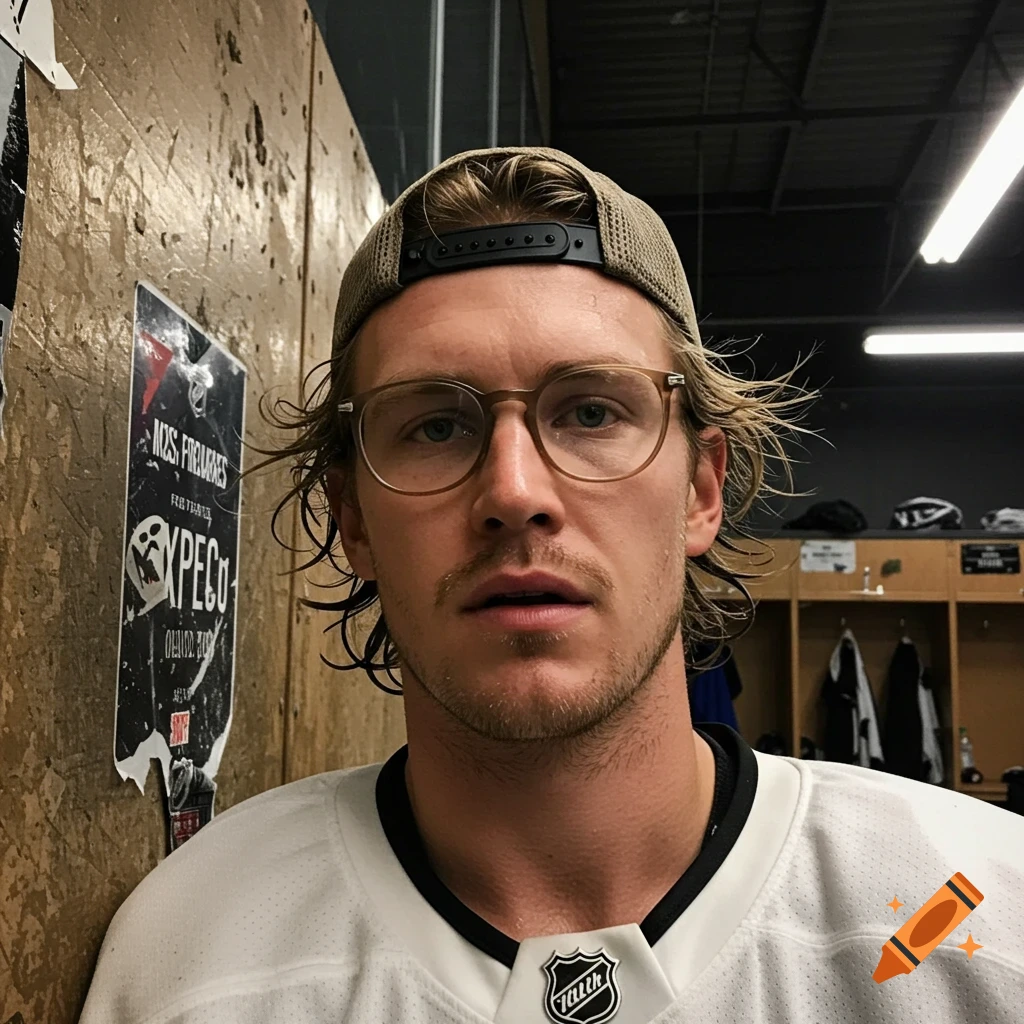 A man in a white hockey jersey, glasses, and a backward cap looks at the camera in a locker room.