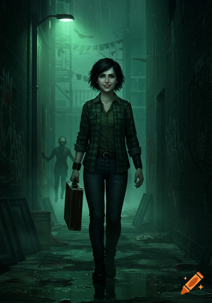 A young woman with short black hair smiles, walking through a dark, green-lit urban alley, holding a briefcase, with a shadowy figure behind her.