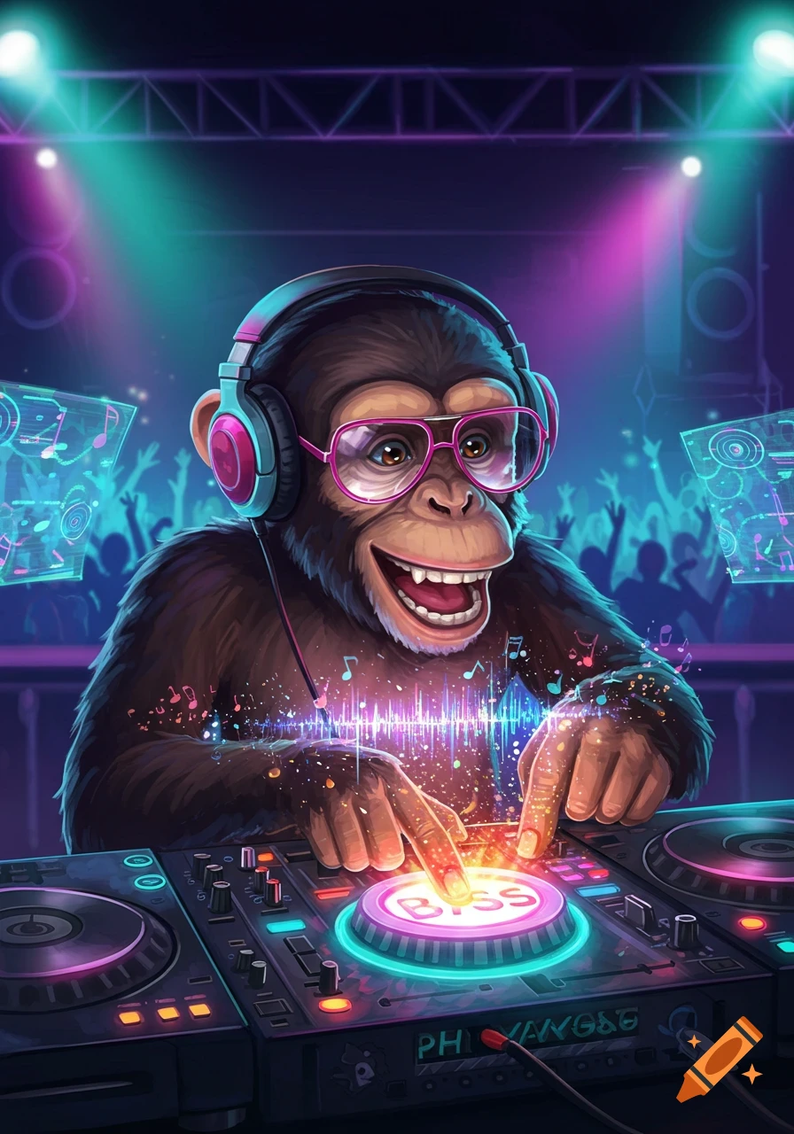 A chimpanzee DJ in pink headphones and glasses operates a mixing console at a vibrant, neon-lit party with a silhouetted crowd.