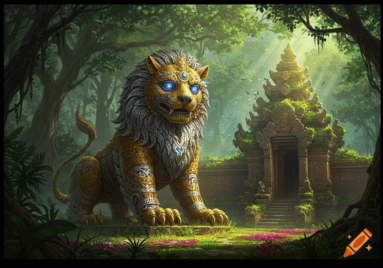 A majestic golden and silver lion statue with glowing blue eyes guards an ancient, moss-covered temple in a lush, sun-dappled jungle.