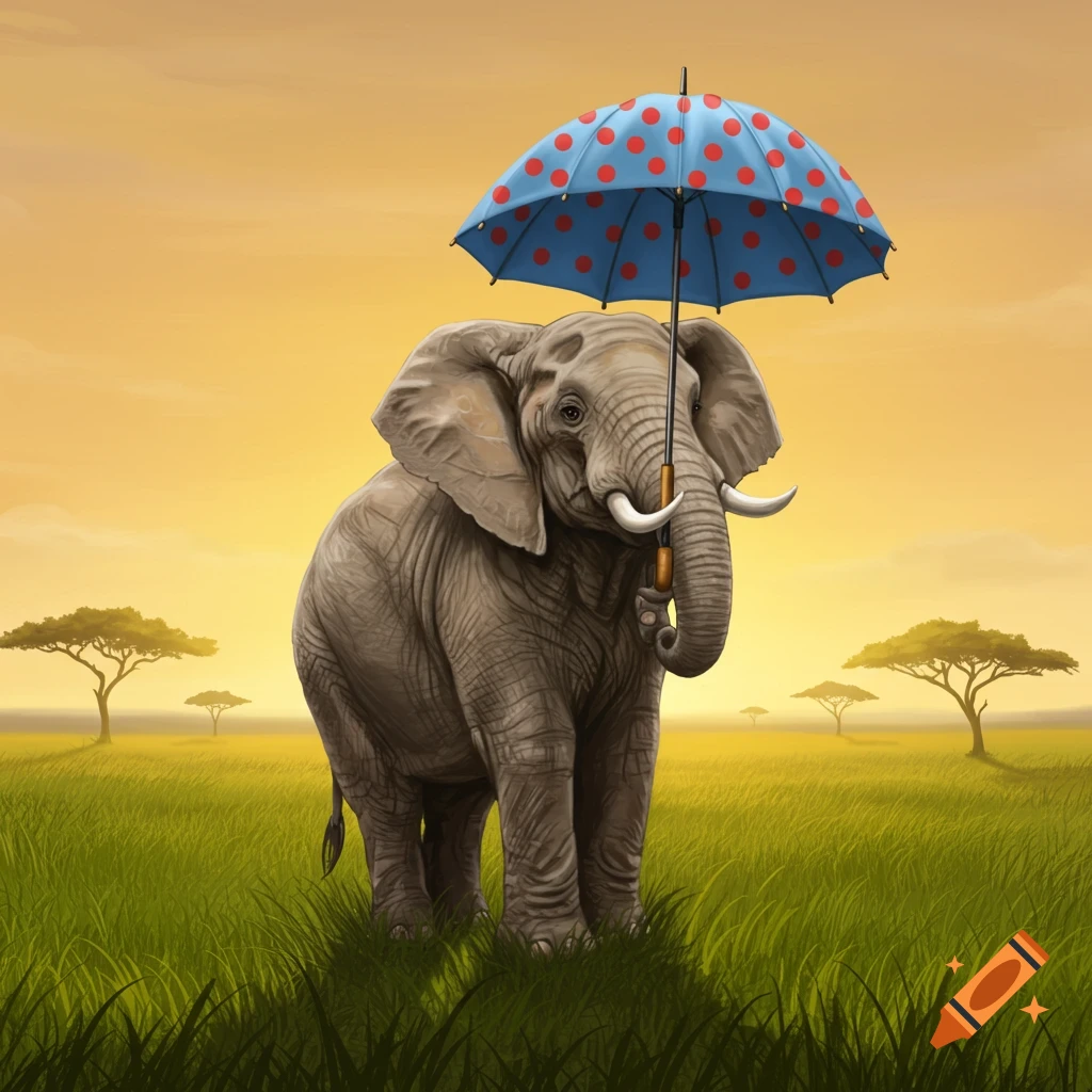 Illustration of an elephant holding a blue polka dot umbrella in a savanna at sunset.