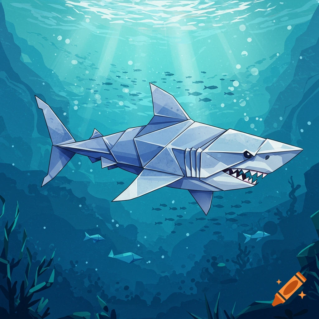 An origami-style paper mako shark swims in a blue underwater scene with rays of light and small fish.