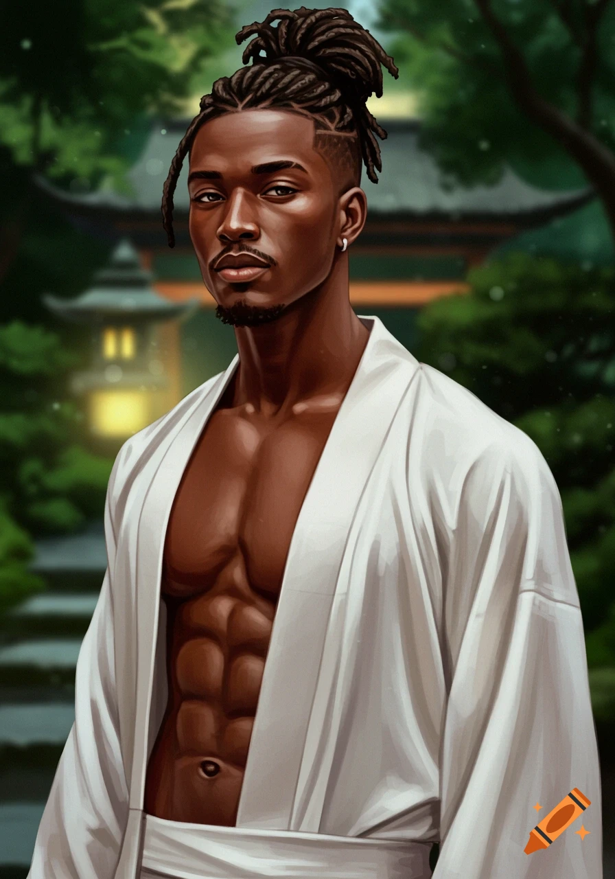 Digital art portrait of a dark-skinned man with dreadlocks in a bun and a ripped physique, wearing a white robe, in a Japanese garden.