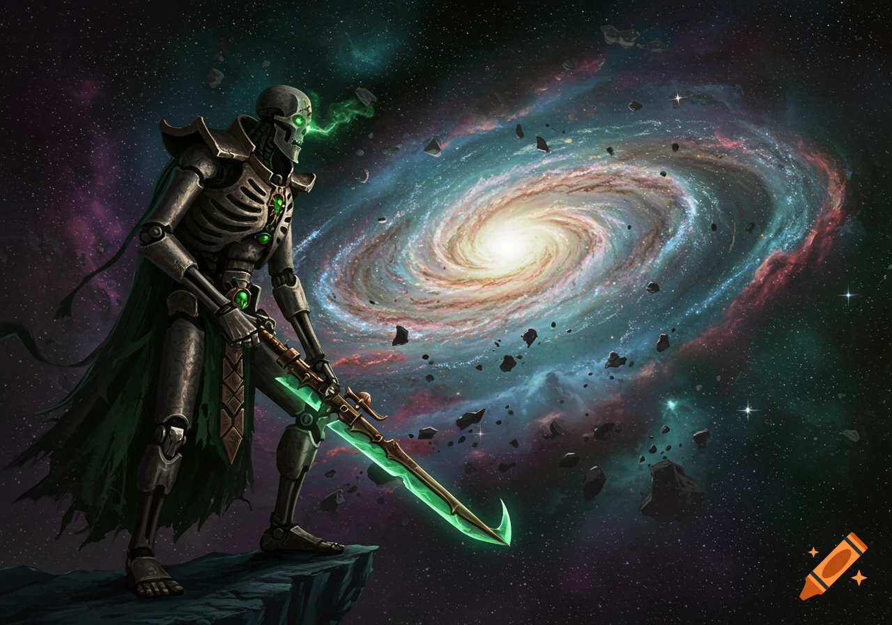 Skeletal robot with glowing green eyes and sword stands on a rock in space with a vibrant spiral galaxy in the background.