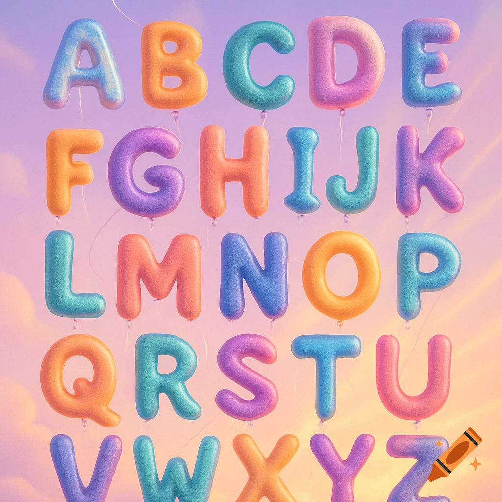 Colorful alphabet letter balloons floating against a gradient sky, from A to Z.