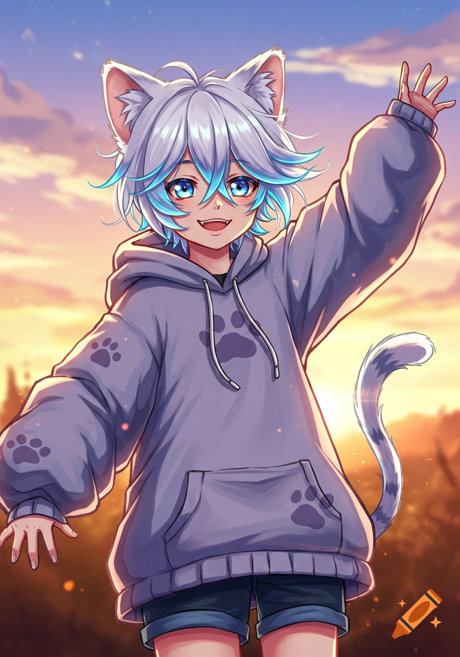An anime cat boy with white and blue hair, cat ears, and a tail, wearing a grey hoodie, waves and smiles at sunset.