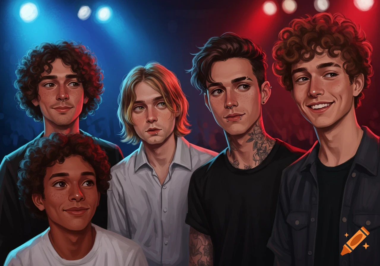 An illustrative portrait of five young men, appearing as a band, under red and blue stage lighting.