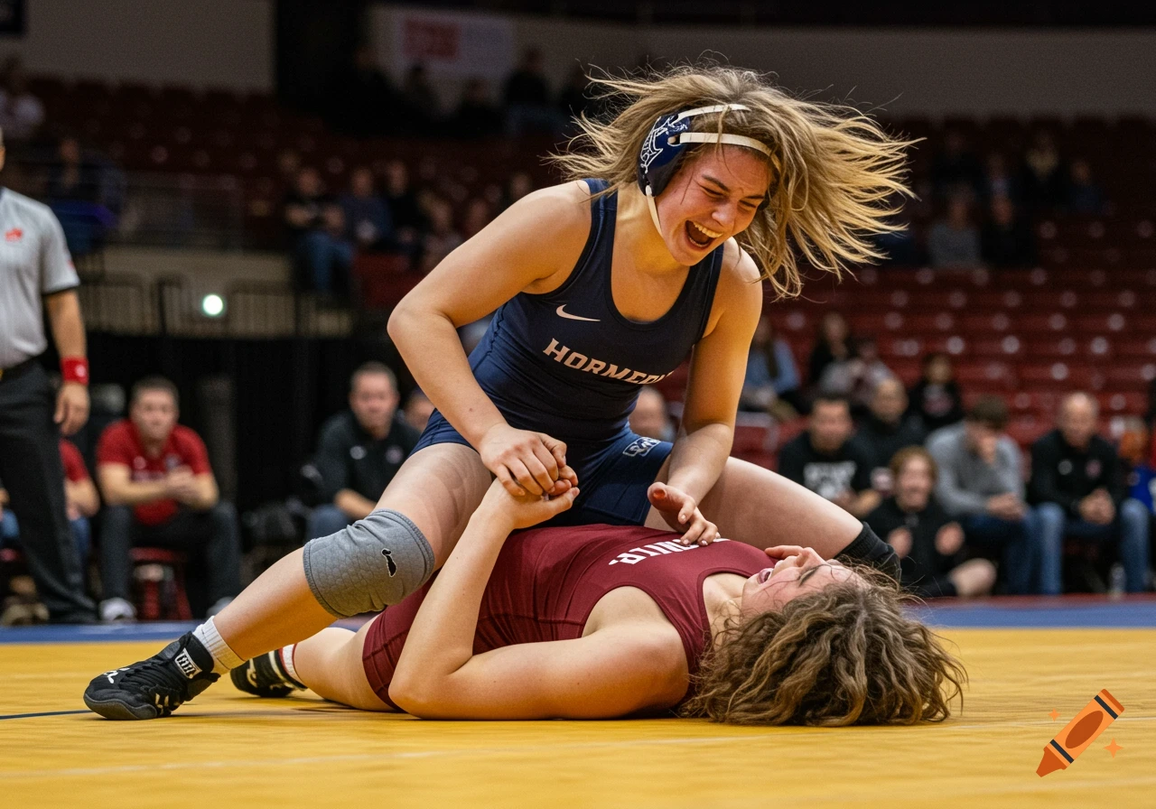 Two female wrestlers grapple on a mat in an arena, one on top of the other, both looking intense.