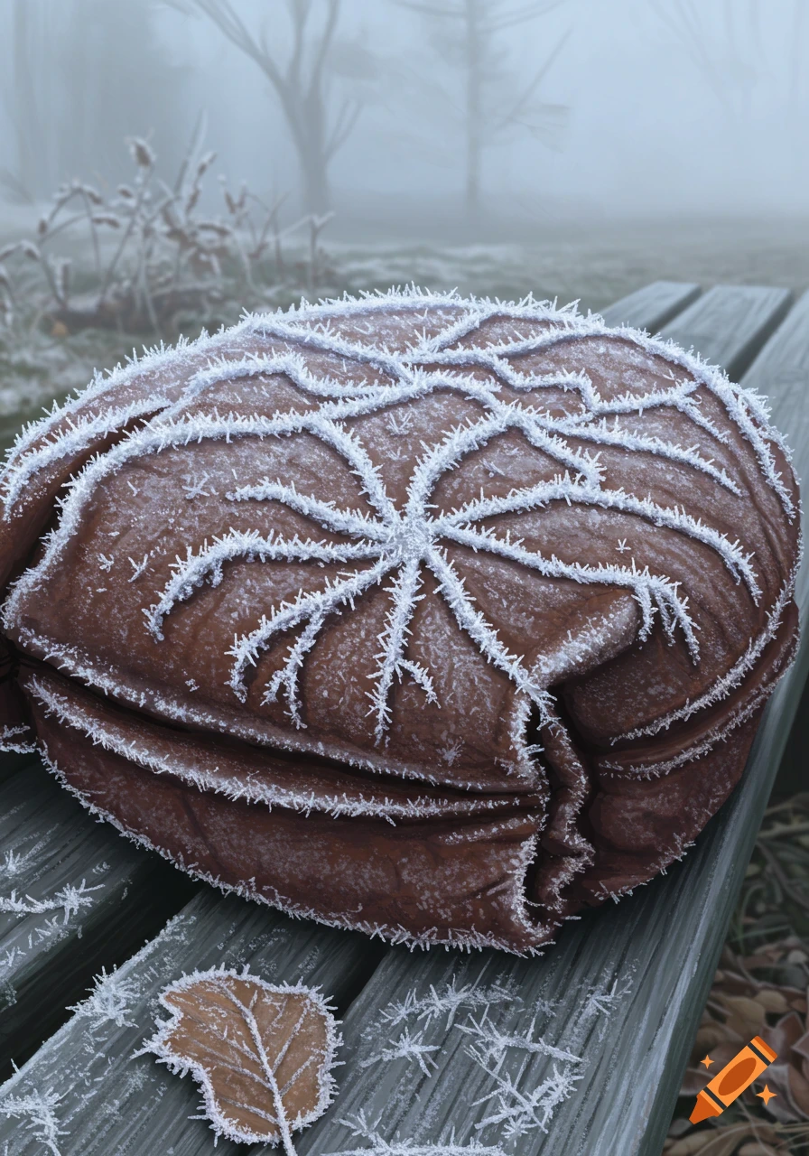 A large brown object, possibly a nut or sack, covered in intricate frost patterns on a wooden bench in a foggy, frosty park. A frosted leaf lies nearby.
