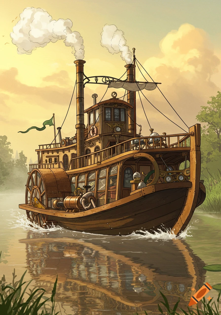 An intricately detailed, cartoon-style steampunk paddle-driven riverboat with two smoking chimneys navigating a river at sunset.