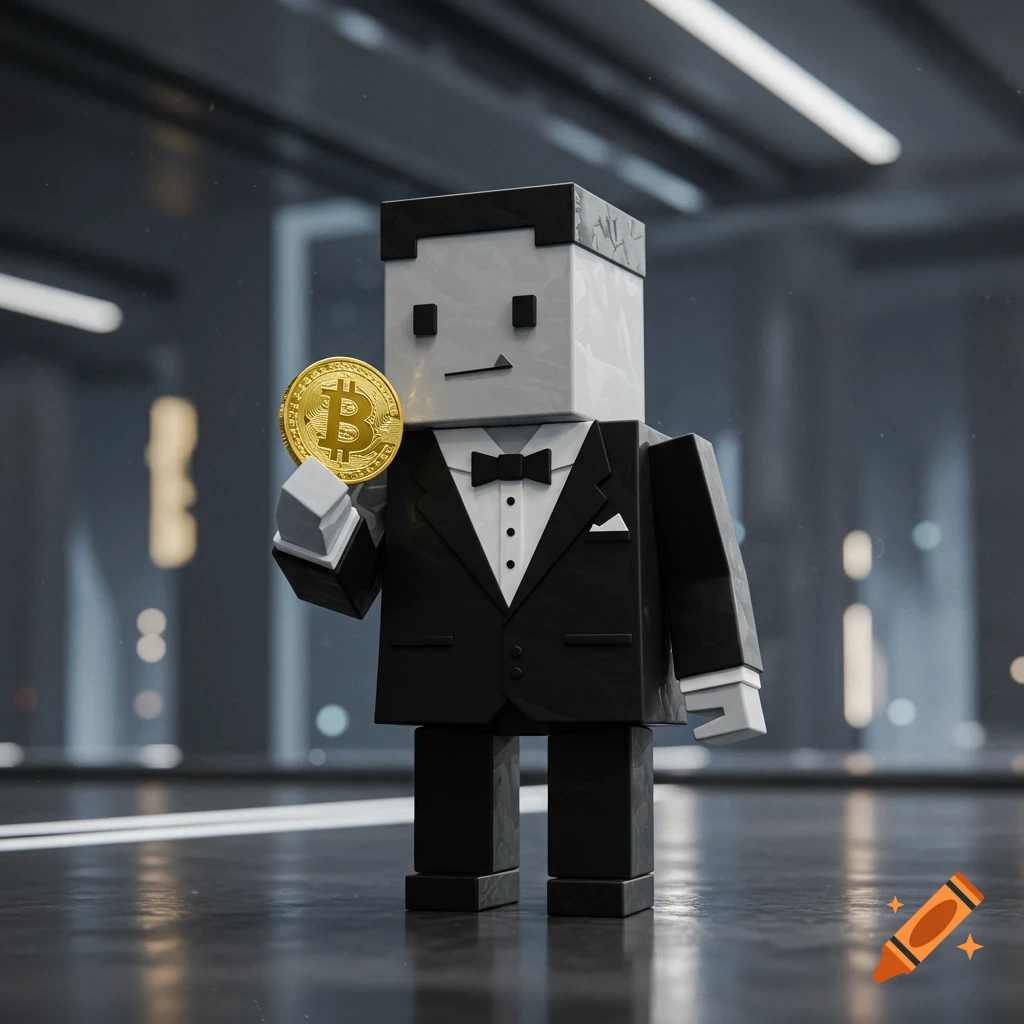 A block-shaped character in a tuxedo holding a gold Bitcoin coin in a modern setting.