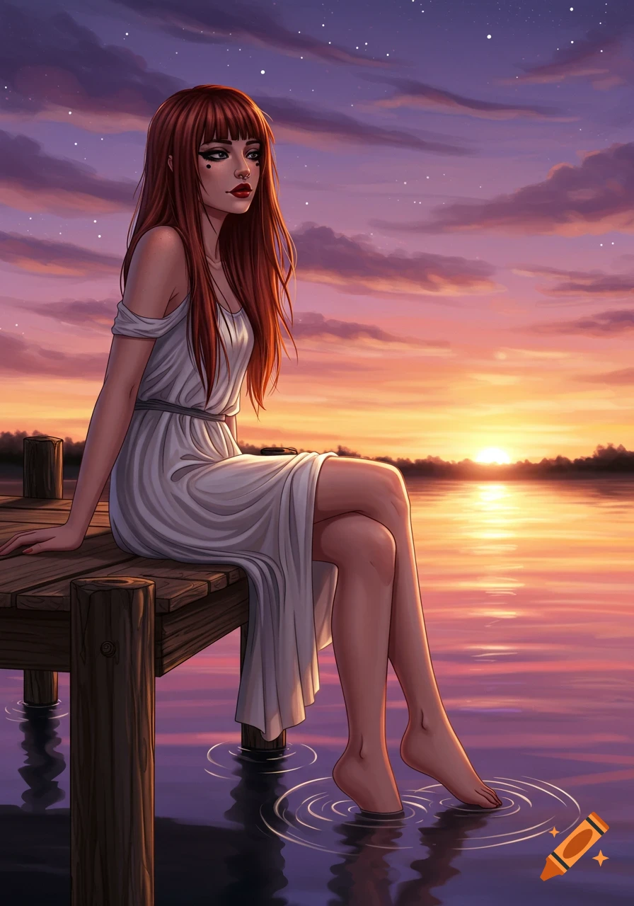 Anime illustration of a woman with long red hair and a white dress sitting on a dock at sunset, feet in the water.