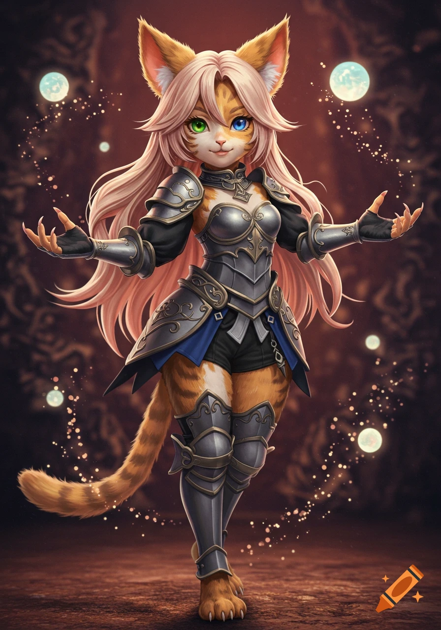 A 3D anime-style fantasy cat-girl in ornate armor, with long blonde hair, heterochromatic eyes, and a calico tail, surrounded by magic.