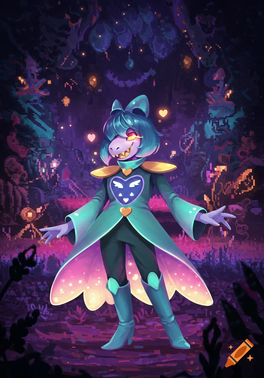 A reptilian-faced character with teal hair and a long teal coat stands in a glowing, pixelated fantasy forest.