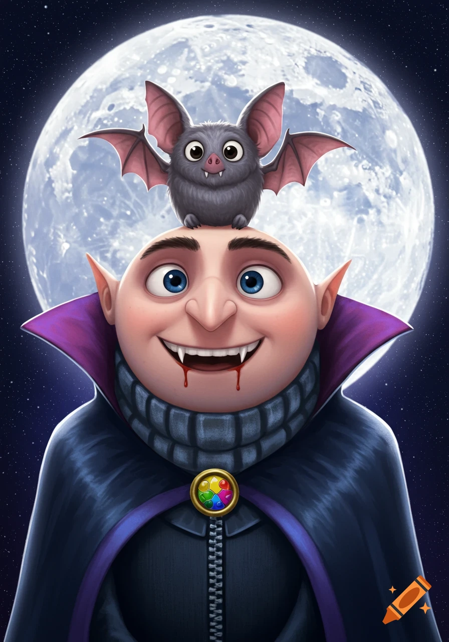 Cartoon illustration of Gru as a vampire with a cute bat on his head, smiling with fangs dripping fake blood, under a large full moon and starry sky.