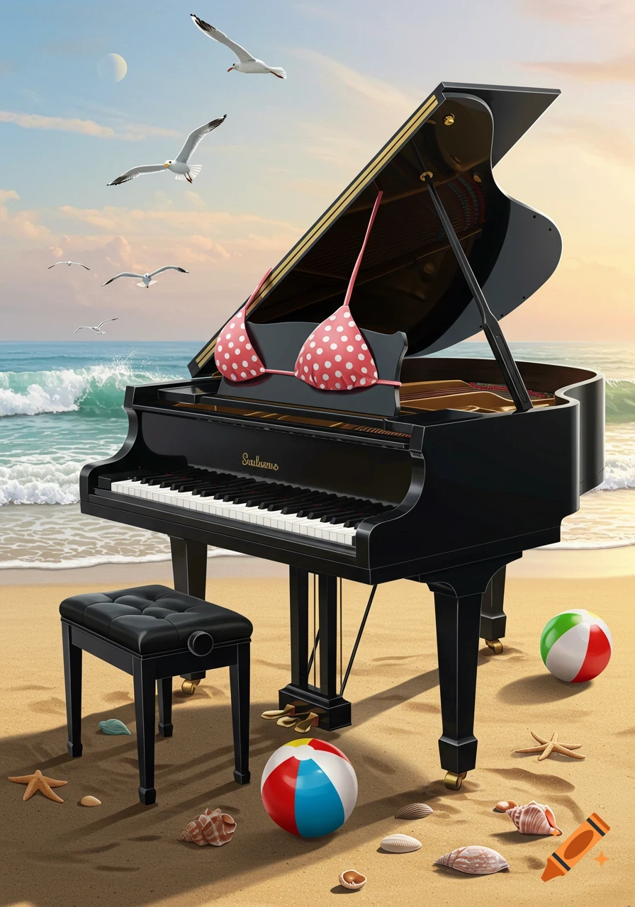 A black grand piano with a pink polka-dot bikini top sits on a sandy beach at sunset, surrounded by beach balls and seashells. Seagulls fly over ocean waves.
