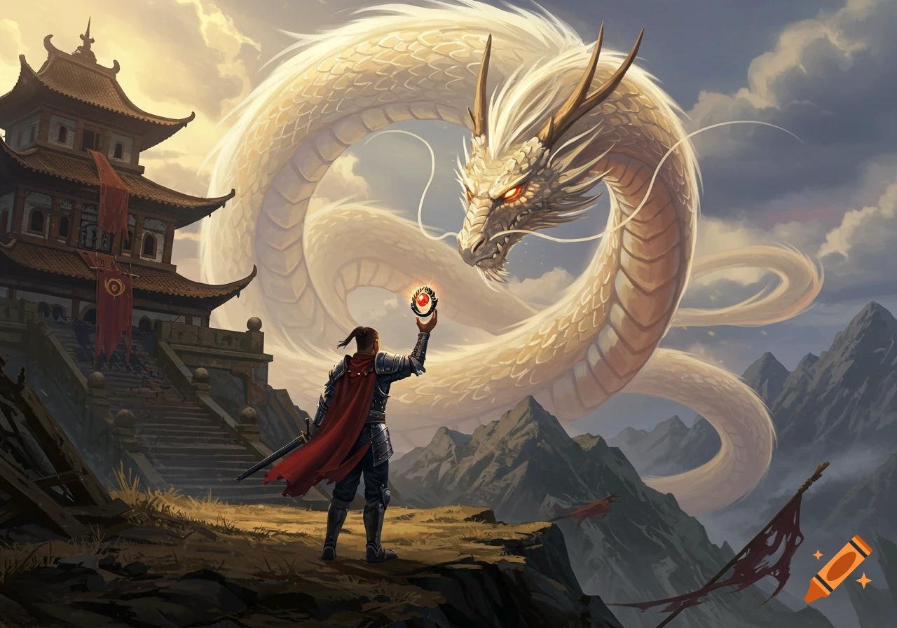A warrior holds a glowing orb toward a large white dragon coiled around a mountaintop monastery.