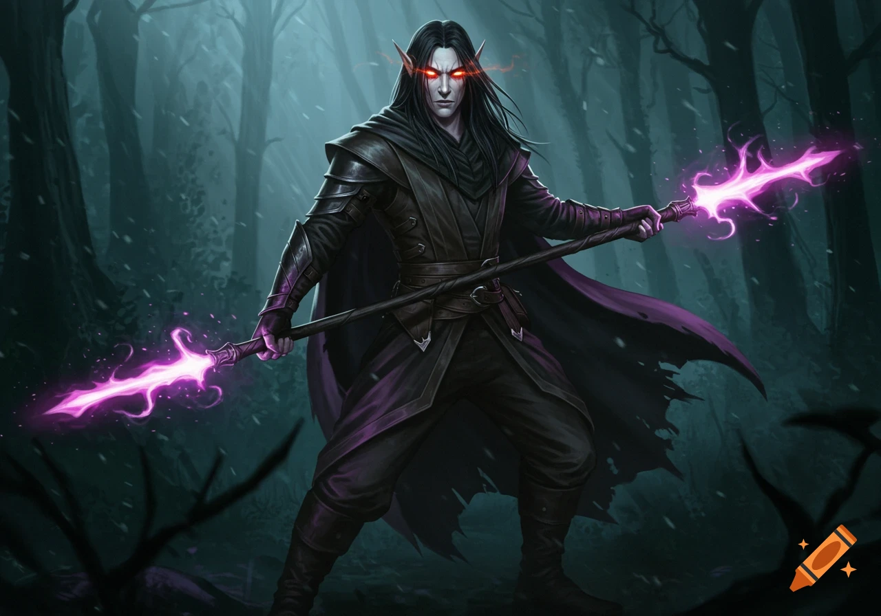 A dark elf with glowing red eyes, black hair, and leather armor stands in a misty forest, holding a quarterstaff with glowing purple blades.