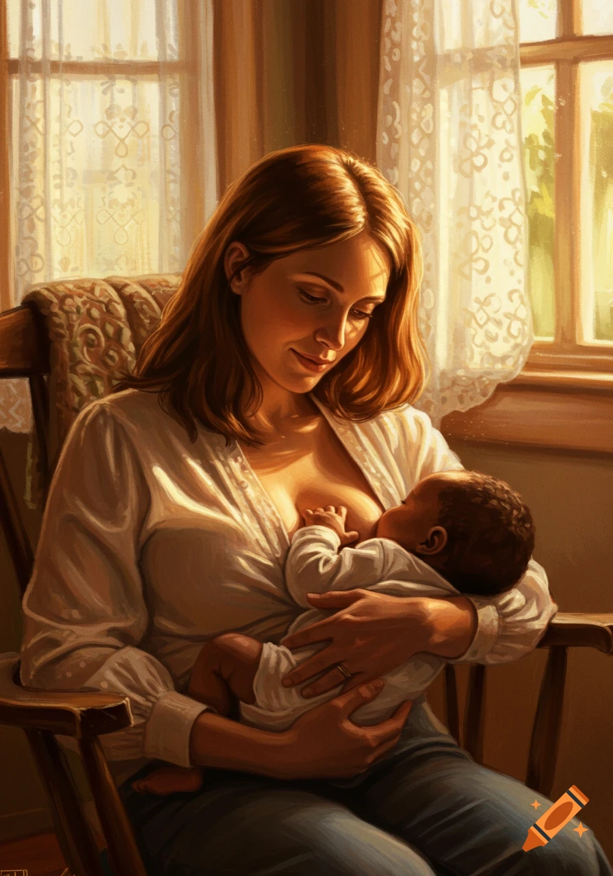 A painting of a mother breastfeeding her baby in a sunlit room by a window.