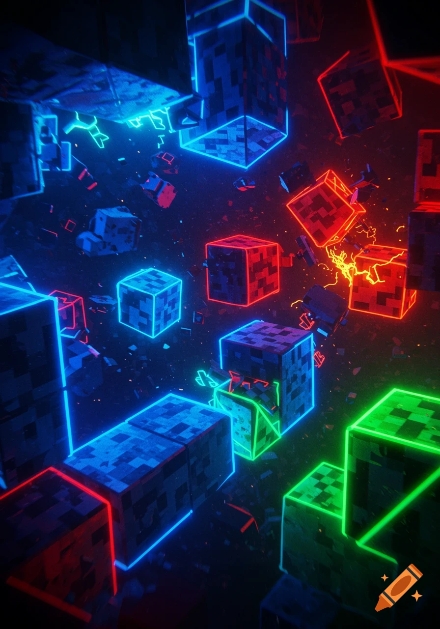 Glowing blue, red, and green neon-outlined pixelated blocks float in a dark, abstract digital space.