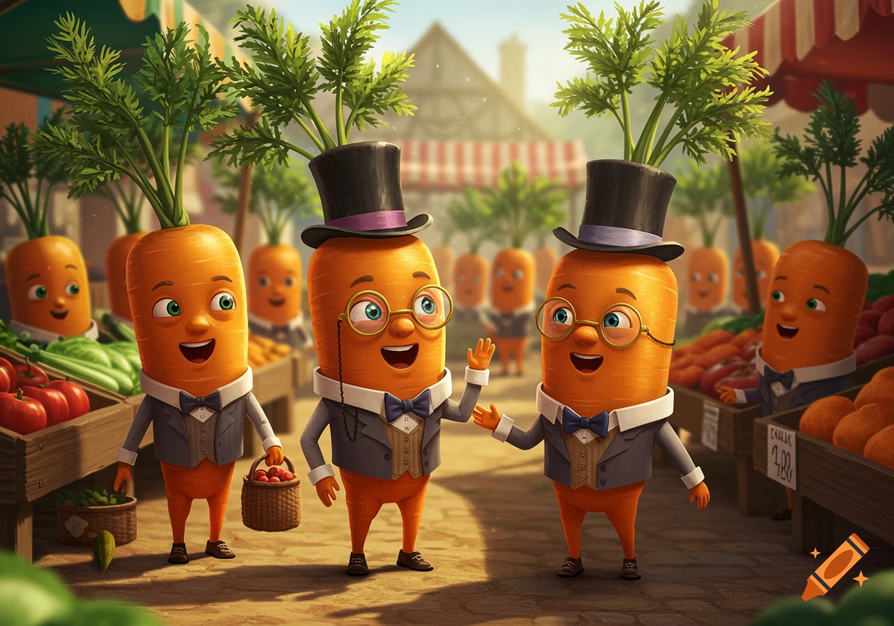 Anthropomorphic carrots in suits and top hats happily interacting at a bustling market stall filled with produce.