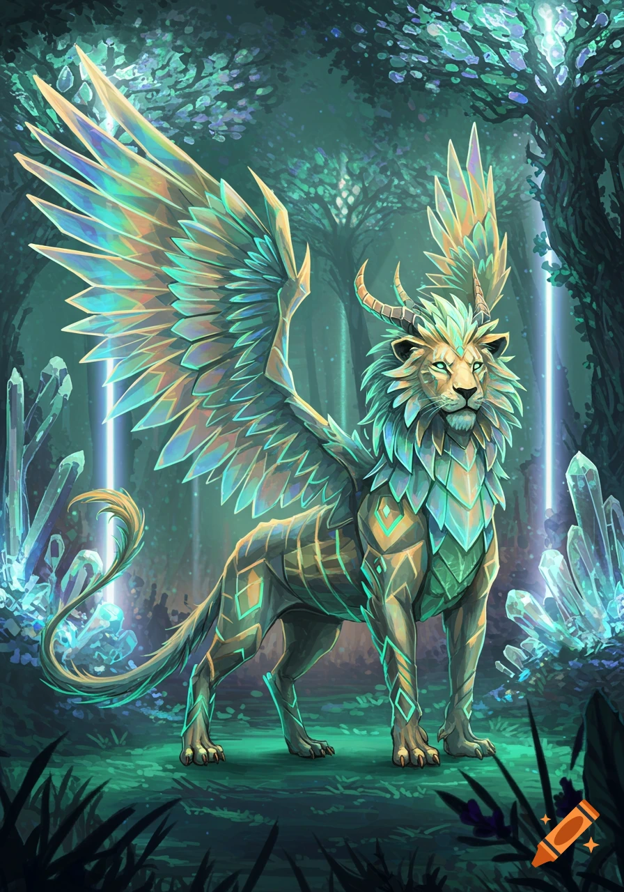 A majestic winged, horned lion-like creature with glowing crystalline features stands in a magical forest of teal and emerald colors with large crystals.