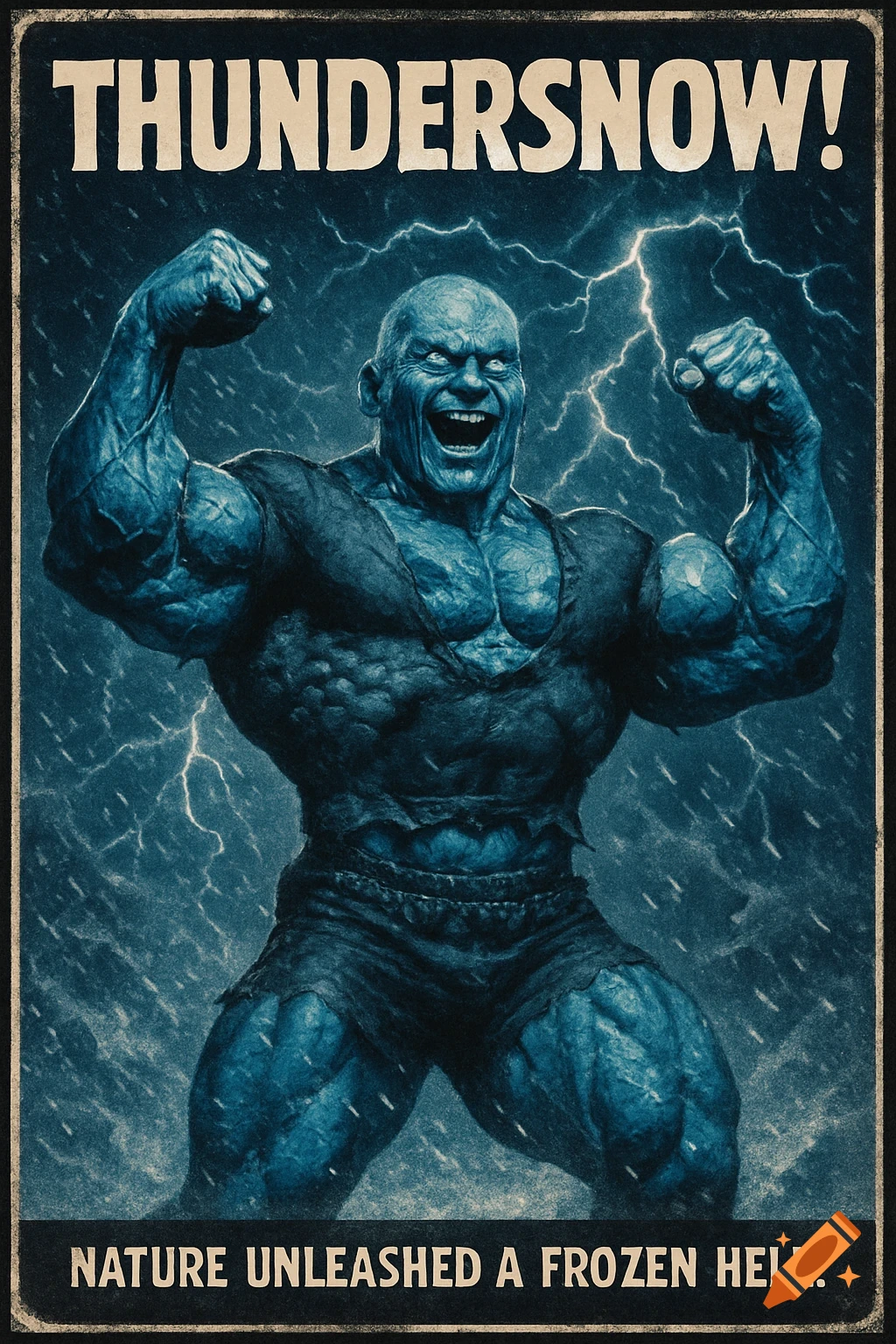A vintage horror movie poster for 'Thundersnow!' showing a blue-skinned, muscular man flexing in a blizzard.