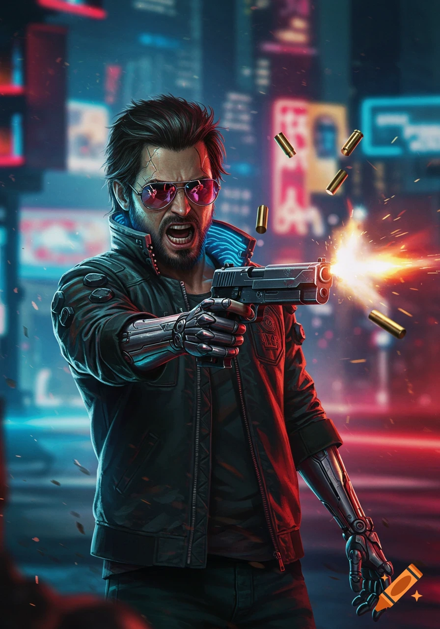 Johnny Silverhand, a man with a cybernetic arm and pink sunglasses, fires a gun on a neon-lit cyberpunk city street at night.
