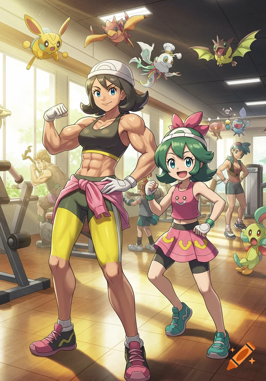 Anime-style image of a muscular woman flexing her bicep next to a young girl, both with various Pokemon in a gym setting.