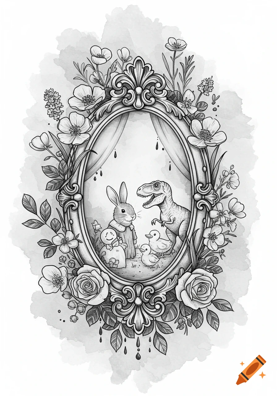 Black and white line art illustration of a bunny, T-rex, and two ducklings inside an ornate oval frame surrounded by flowers and watercolor accents.