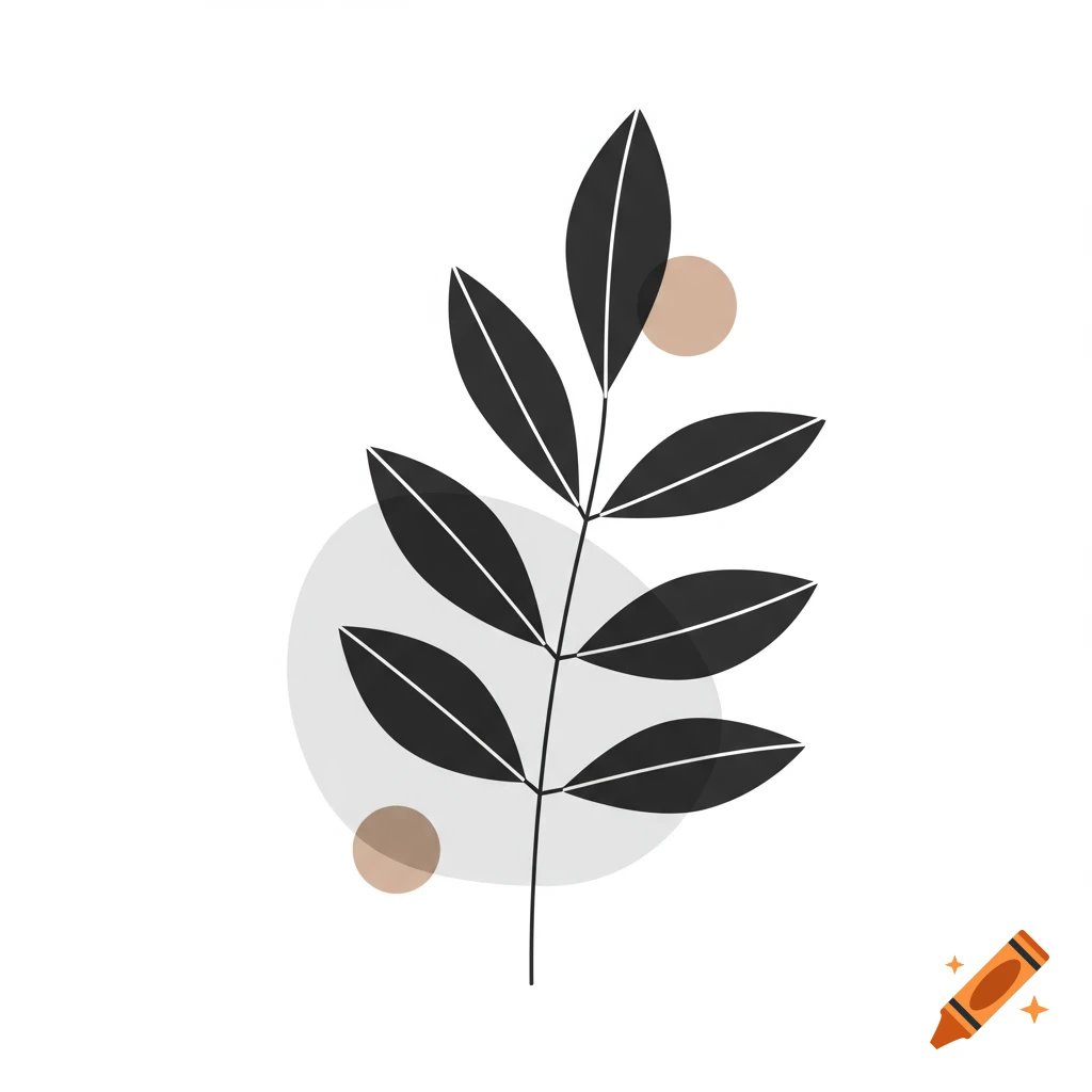 Minimalist illustration of a dark-leafed plant branch with abstract light gray and beige shapes on a white background.
