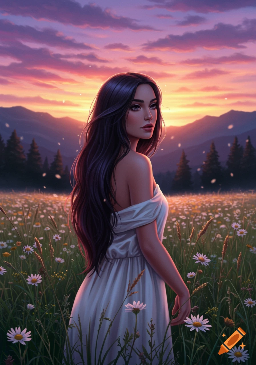 Illustrative portrait of a woman with dark hair in a white dress, standing in a daisy field at sunset with mountains behind her.