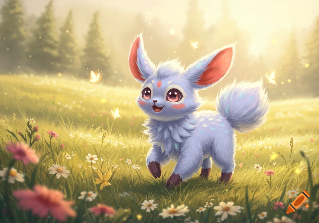 A cute fluffy blue fantasy creature with large ears and big eyes happily walks through a sunny meadow filled with wildflowers.