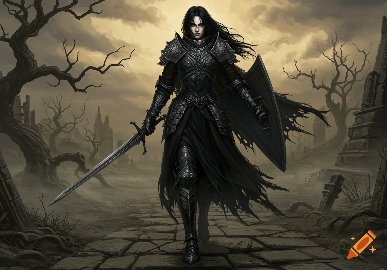 A dark fantasy female warrior in black armor holds a sword and shield, standing on a stone path in a desolate, ruined landscape.