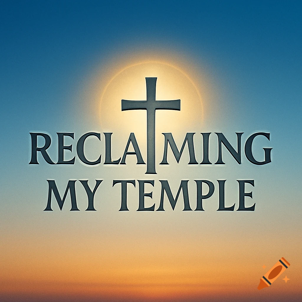 A logo featuring a Christian cross against a gradient sky, with the words 'RECLAIMING MY TEMPLE' where the cross forms the 'T' in 'RECLAIMING'.