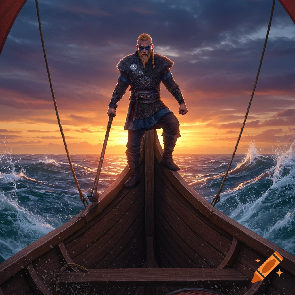 A Viking warrior stands on the prow of a longship at sunset, sailing on a stormy sea.