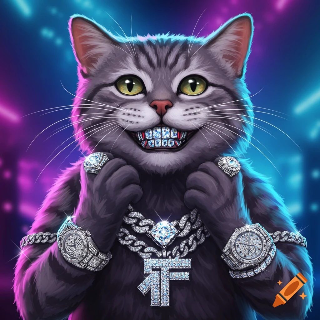 A gray tabby cat with a diamond grill, iced out chains, watches, and rings, against a vibrant neon background in a digital art style.