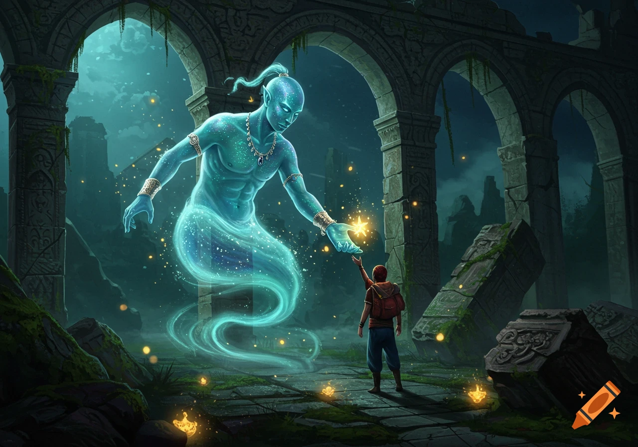 A mystical blue genie extends a glowing star to a small person in ancient ruins, fantasy illustration.