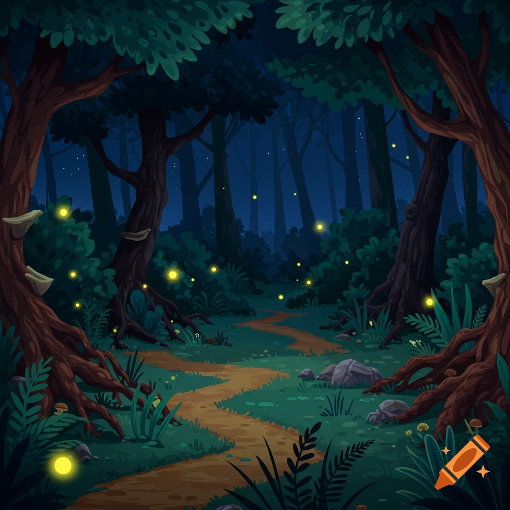 A cartoon-style dark forest at night with a winding path illuminated by glowing fireflies.