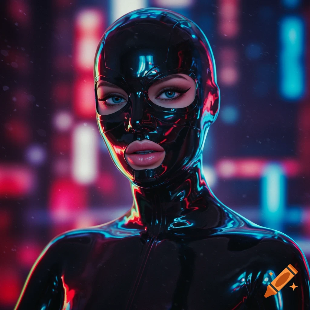 A close-up portrait of a person wearing a glossy black latex cyberpunk mask with blue eyes and full lips, set against a blurred neon light background.